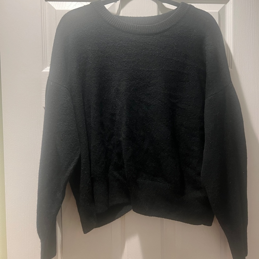 1.State black long sleeved crew neck sweater with a v-neck open back